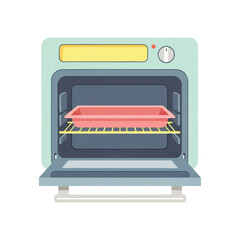 Oven with Open Door Vector Illustration Depicting a Baking Tray Inside, Kitchen Appliance