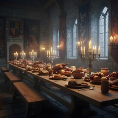 Old World Banquet Scene with Clay Jugs and Plates