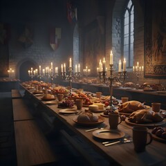 Ancient Castle Feast Table with Wooden Platters
