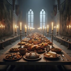 Historic Dining Table with Candles and Bread