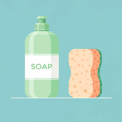 Soap bottle and sponge for cleaning and dishwashing on a shelf