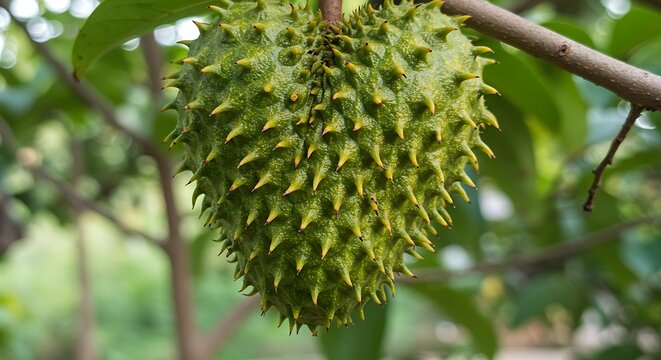 Close up of a vibrant green soursop fruit hanging from a tree branch