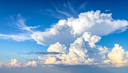 Stunning aerial shot of fluffy, white cumulus clouds set against a vibrant, deep blue sky. Sunlight illuminates the cloud formations