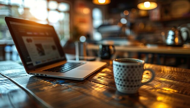 Remote workers enjoying trendy urban lifestyle at caf   with laptops and coffee cups