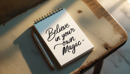 Notepad with inspirational quote believe in your own magic on wooden table