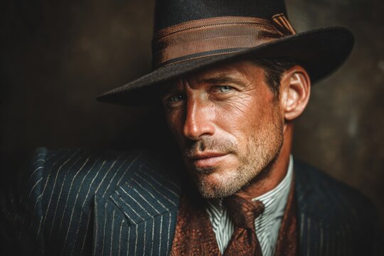 Man with a piercing gaze wearing a fedora hat and pinstripe suit in dim light