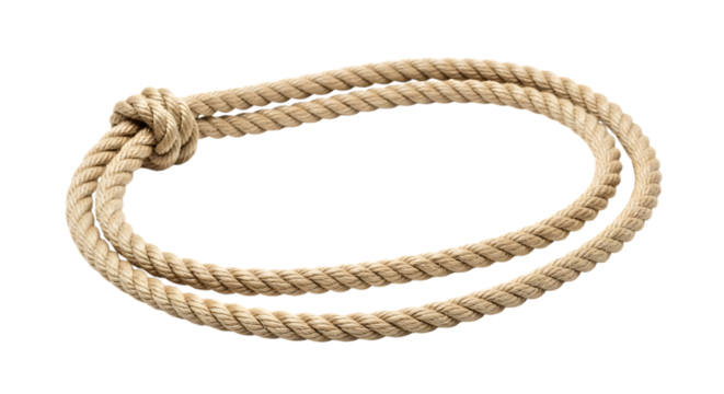 Thick natural fiber rope forming a loop with a knot, isolated on white or transparent background. PNG