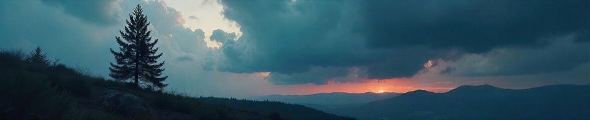 Fototapeta premium Lone Evergreen Silhouette Against a Dramatic Canadian Sky Mystery and Vastness of the Wilderness