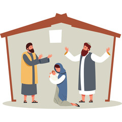 Nativity Scene With Mary Holding Baby Jesus And Two Men In Traditional Attire Under A Roof With Translucent Background