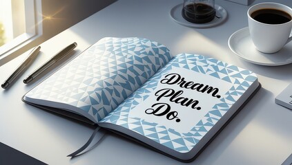 Open notebook with dream plan do text and coffee cup on white surface