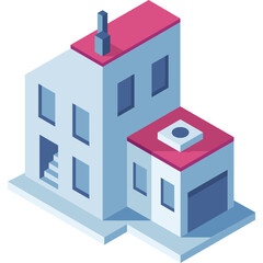 Modern Isometric Building Design With Pink Roof and Blue Walls In A Simple Geometric Style With Clear Windows And A Garage Door On A White Background
