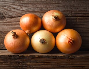 Five yellow onions are arranged on weathered, wooden planks