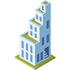 Modern Isometric Office Building With Blue Windows And Green Roof In Sunlight Against White Background