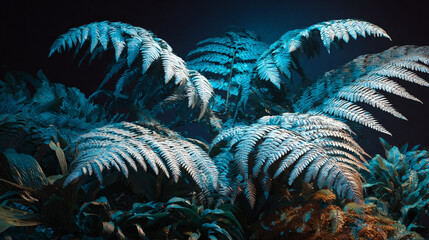 Hyperrealistic close-up of ferns under fluorescent light, capturing vibrant green textures, intricate botanical detail, and the contrast of artificial light on natural foliage.