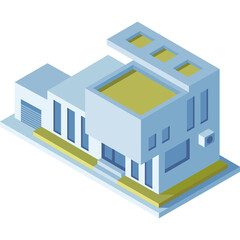 Modern Light Blue Isometric Residential House with Flat Roof and Garage Door Isolated on White Background