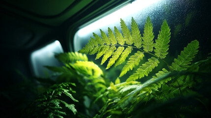 Hyperrealistic close-up of ferns under fluorescent light, capturing vibrant green textures, intricate botanical detail, and the contrast of artificial light on natural foliage.