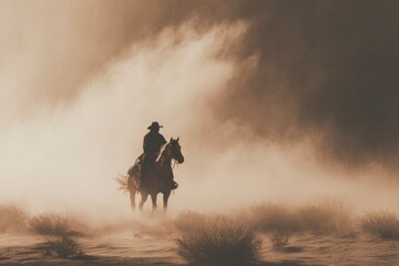 Cowboy riding horse through a dramatic dusty landscape during a sandstorm