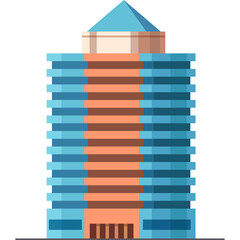 Modern office building with blue glass facade and orange accents on a transparent background architectural illustration