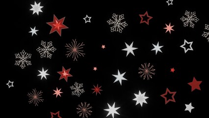 Festive holiday background with red and white stars and snowflakes on a black background. Perfect for Christmas or winter designs.