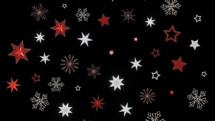 Festive Christmas or winter background with red and white stars and snowflakes on a black background. Perfect for holiday designs.