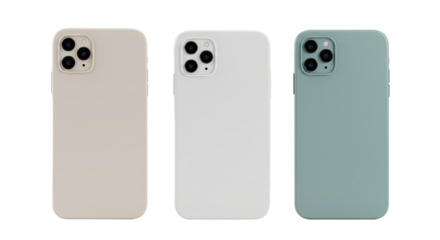 Set of three modern smartphones with camera lenses isolated on white background, perfect for technology or mobile device projects