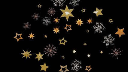 Beautiful holiday background with gold stars and snowflakes on black. Perfect for Christmas, New Year, winter designs.
