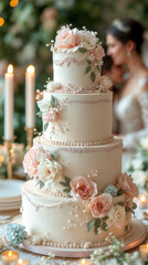 Elegant multi-tiered wedding cake with intricate decorations in romantic setting.