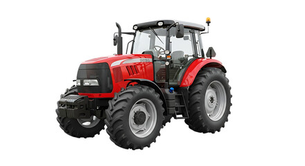 Red agricultural tractor with large tires and cab, isolated on white or transparent background. PNG