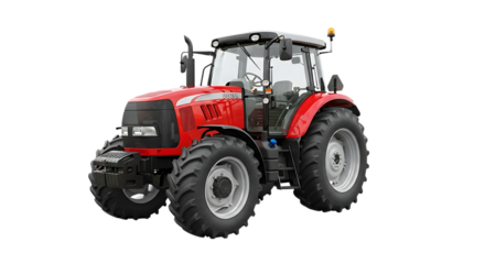 Red agricultural tractor with large tires and cab, isolated on white or transparent background. PNG