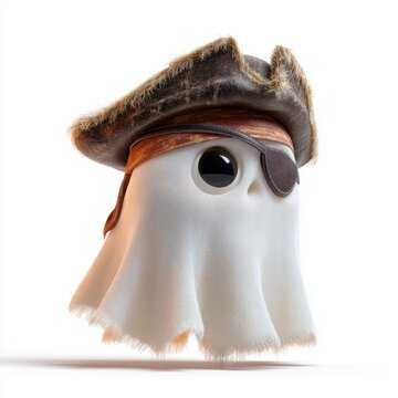 Whimsical white ghost character wearing a pirate hat and eye patch Pirate ghost illustration