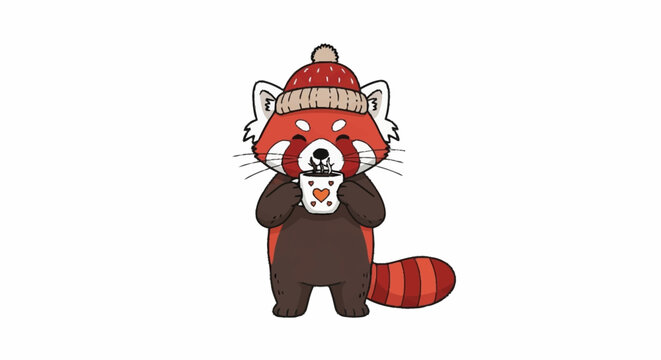 Adorable Red Panda Enjoying Hot Chocolate in Winter, Perfect for Holiday Greetings, Children's Illustrations, and Seasonal Marketing Campaigns