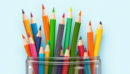 Fototapeta premium Colorful pencils in a glass jar against a light blue background