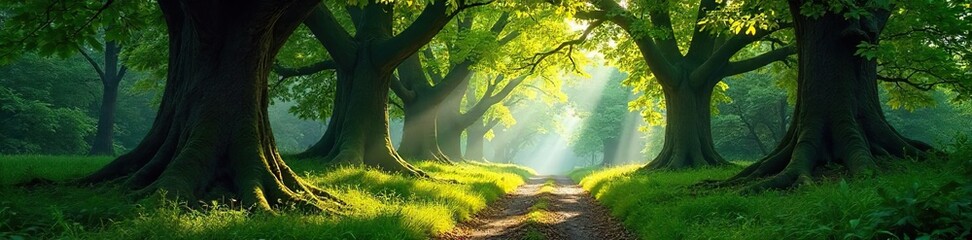Obraz premium Sun-Dappled Forest Path Ancient Trees Create a Magical Green Tunnel, Perfect for Fantasy and Fairytale Themes