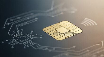 Closeup of a microchip with circuit board patterns, representing technology, data processing, and digital connectivity