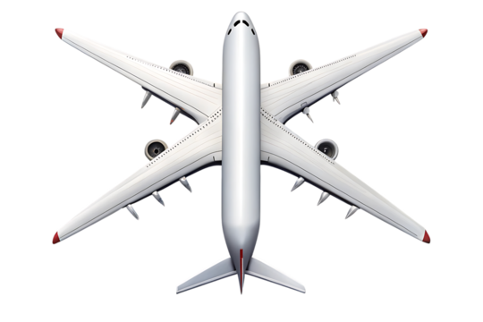 Passenger jet airplane, white with red wingtips and tail fins, cutout, PNG, isolated on white or transparent background, AI