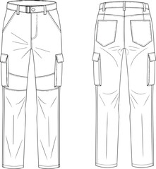 Women’s cargo pants technical flat sketch, front and back view, flap pockets, belt loops, rear yoke, straight leg, fashion design vector illustration