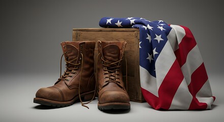 Pair of brown boots beside united states flag on wooden box