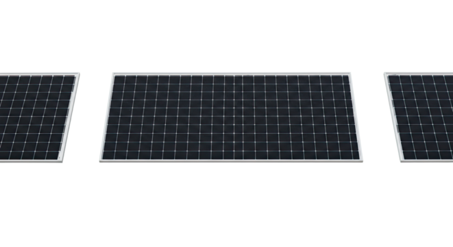 Set of three solar panels isolated on black background, renewable energy source for sustainable power