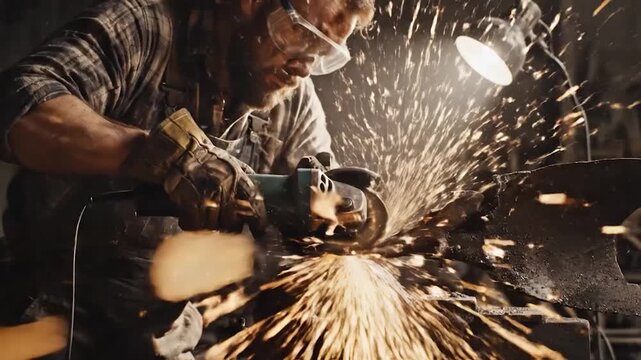 Skilled craftsman using an angle grinder to shape metal with sparks flying in a workshop.