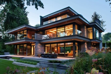 Obraz premium Modern house exterior with garden at dusk