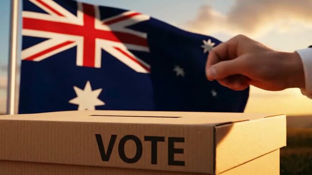 Casting ballot in Australia with flag waving proudly, exercising democracy in motion