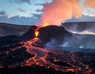 Erupting volcano at dusk, with rivers of molten lava flowing