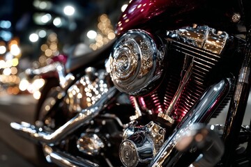 Custom motorcycle engine with chrome details reflecting city lights and bokeh at night