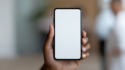 Close-up of a person of color holding up a blank mobile phone with copy space. Great for advertisements, UI design, and mobile app design showcasing.