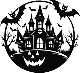 Halloween eerie halloween night silhouette illustration featuring a haunted house, bats, pumpkin, and skull, perfect for spooky designs	
