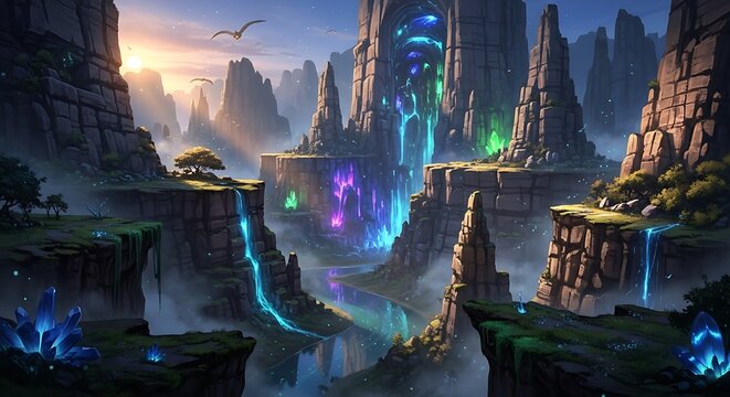 Epic Fantasy Canyon with Magical Glowing Waterfalls at Sunrise.