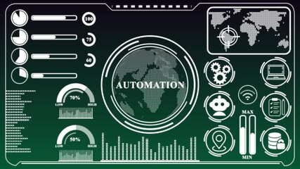 Futuristic Dashboard Showing Globe and Automation Metrics. Business, technology, internet and networking concept .global maps, and complex graphical data, - Powered by Adobe