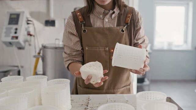 Midsection shot of unrecognizable skilled female cheesemaker in apron taking out pressed curd from plastic mold, flipping it and putting back, crafting artisan cheese in creamery