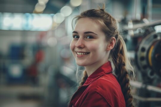 Young woman smiling in a workshop environment