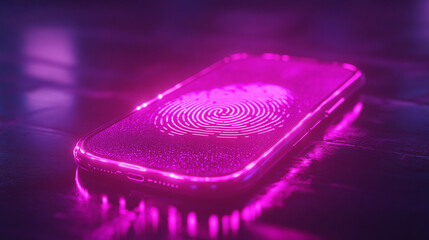 Hyperrealistic close-up of a fingerprint illuminated by a phone’s glow, emphasizing identity, biometric security, technology, and digital authentication in modern devices.
